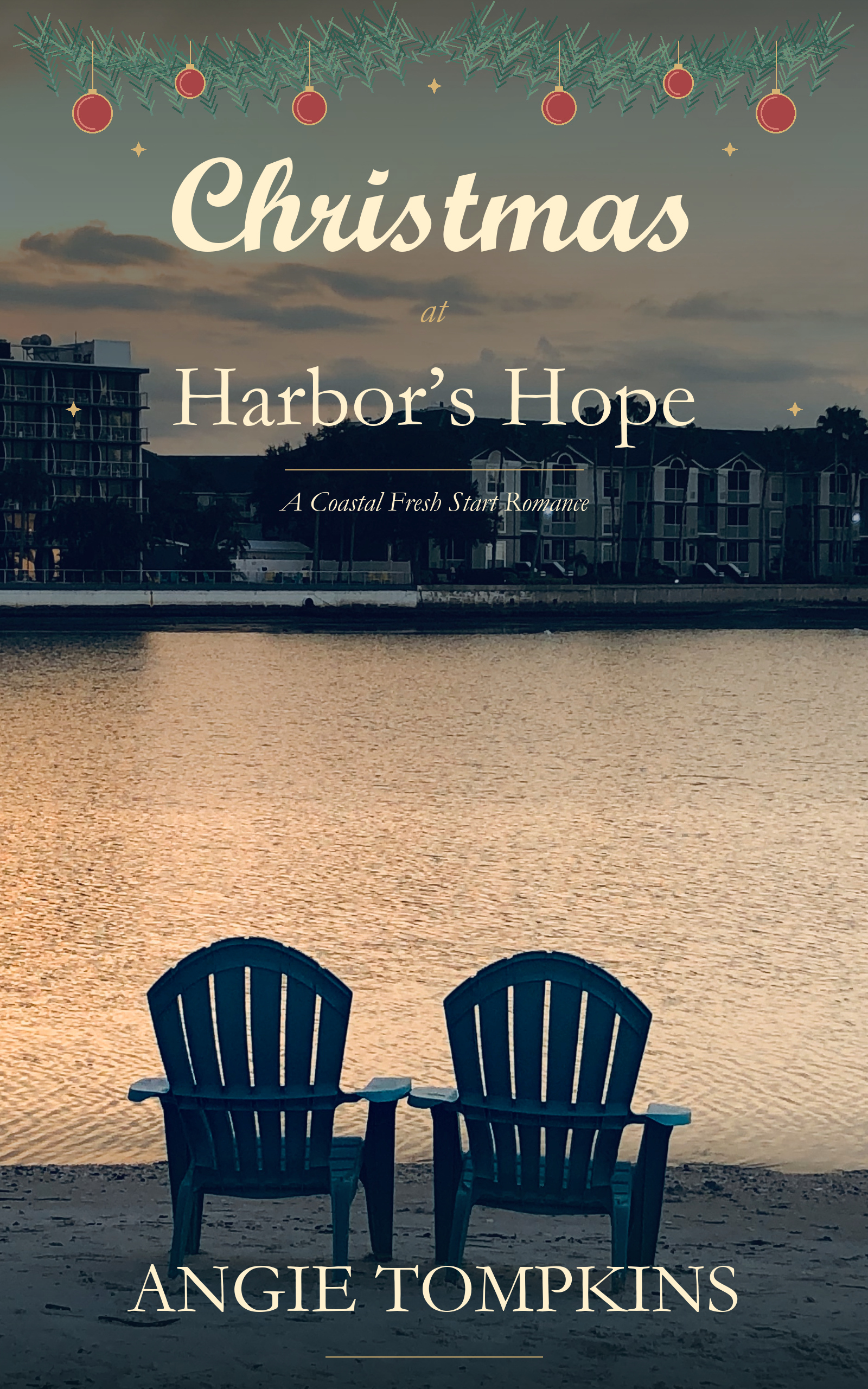 Christmas at Harbor’s Hope by Angie Tompkins: two chairs by the water beneath Christmas greenery