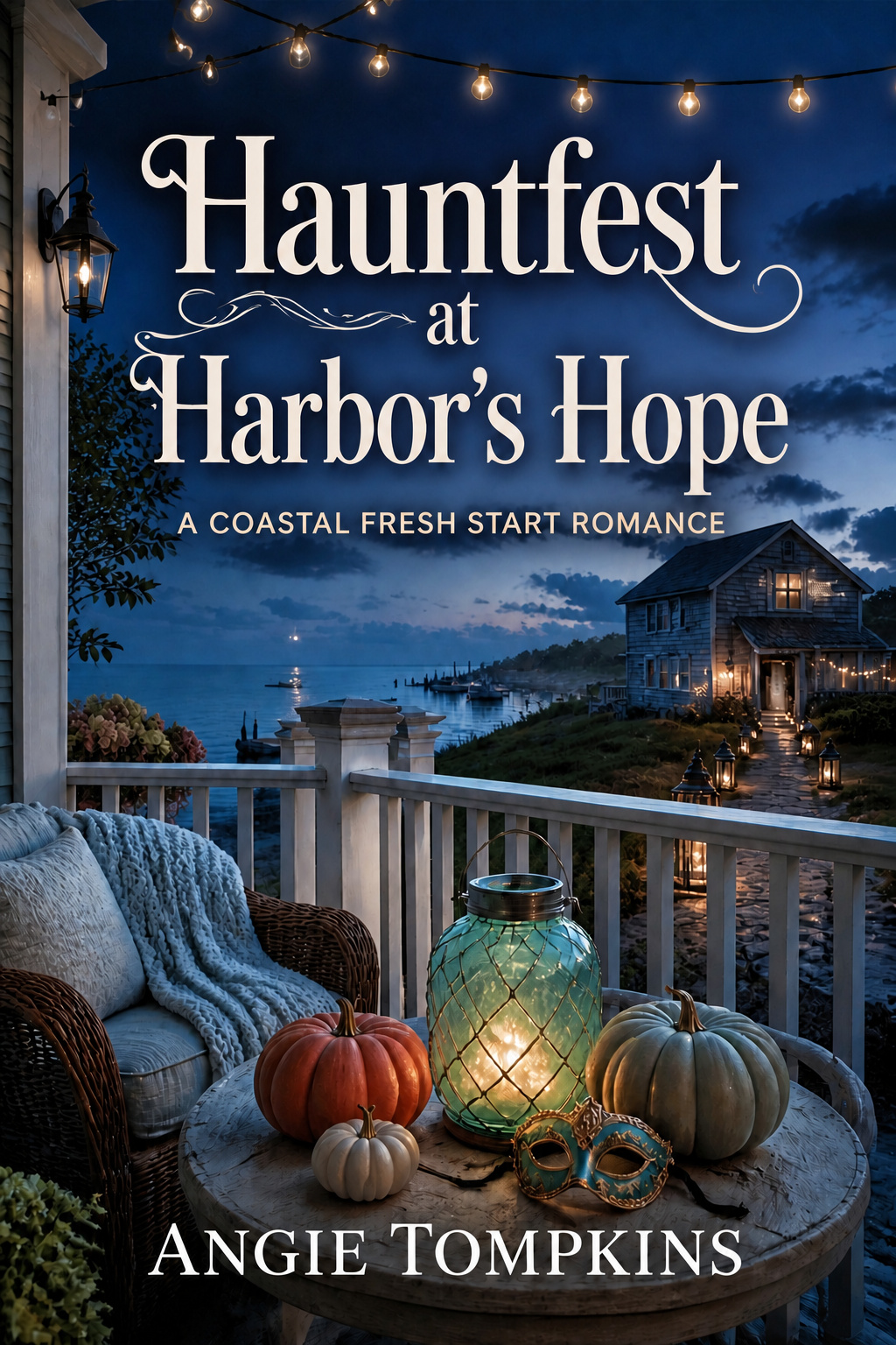 Hauntfest at Harbor’s Hope by Angie Tompkins: a blue coastal evening, lanterns, and a waterfront boathouse